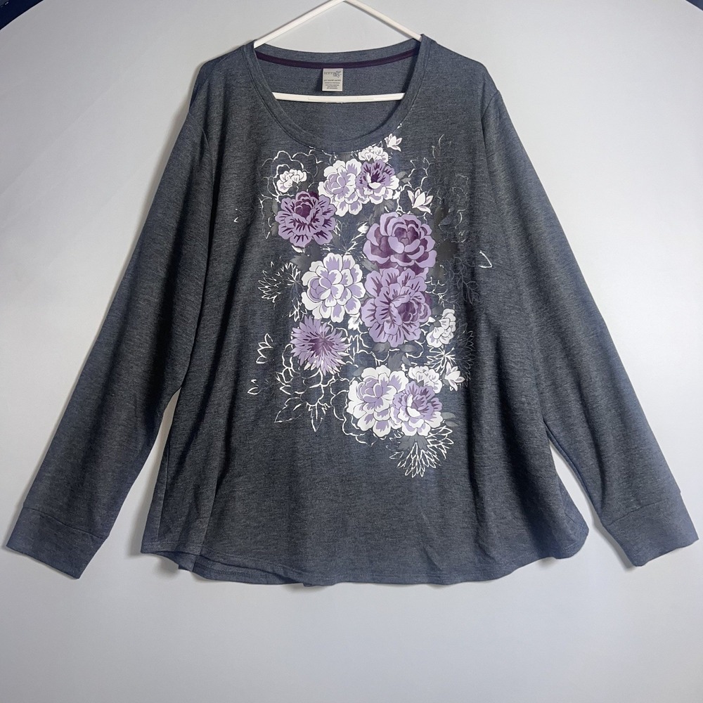 Terra & Sky Top Size 2X Gray Floral Purple White Silver Print Long Sleeve NWT